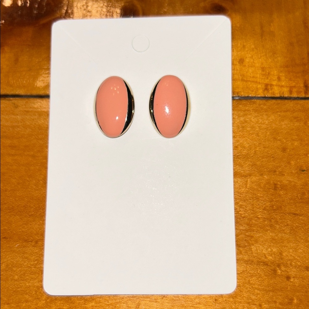 Pink Coral Enamel Gold Edge Oval Stud Earrings Vintage 80s